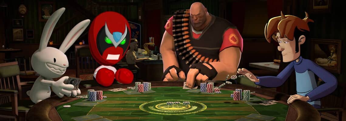 Max, Strong Bad, The Heavy, and Tycho playing poker at a table in Poker Night at the Inventory
