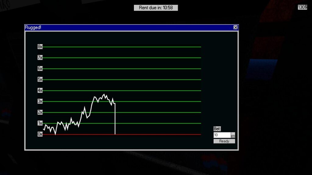 Rugged game screen in Guap showing a multiplier graph and bet controls