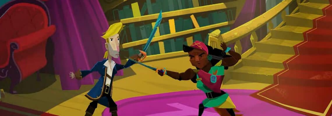 Guybrush Threepwood dueling a guard inside a mansion in Return to Monkey Island
